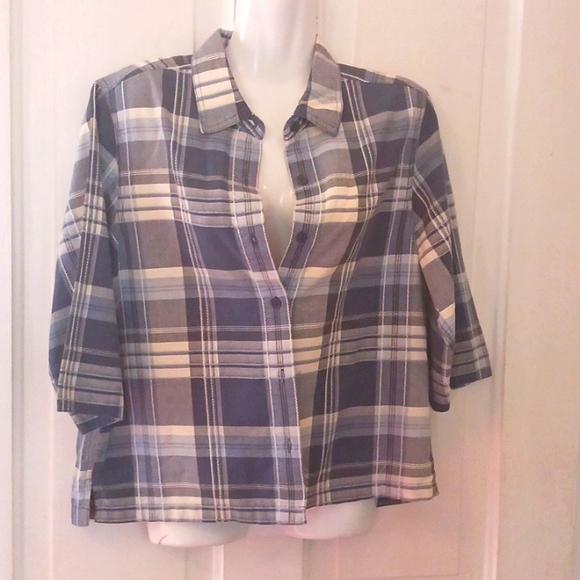 Ms Lee women's size small button-up blouse blue and white plaid stripes - Picture 1 of 6